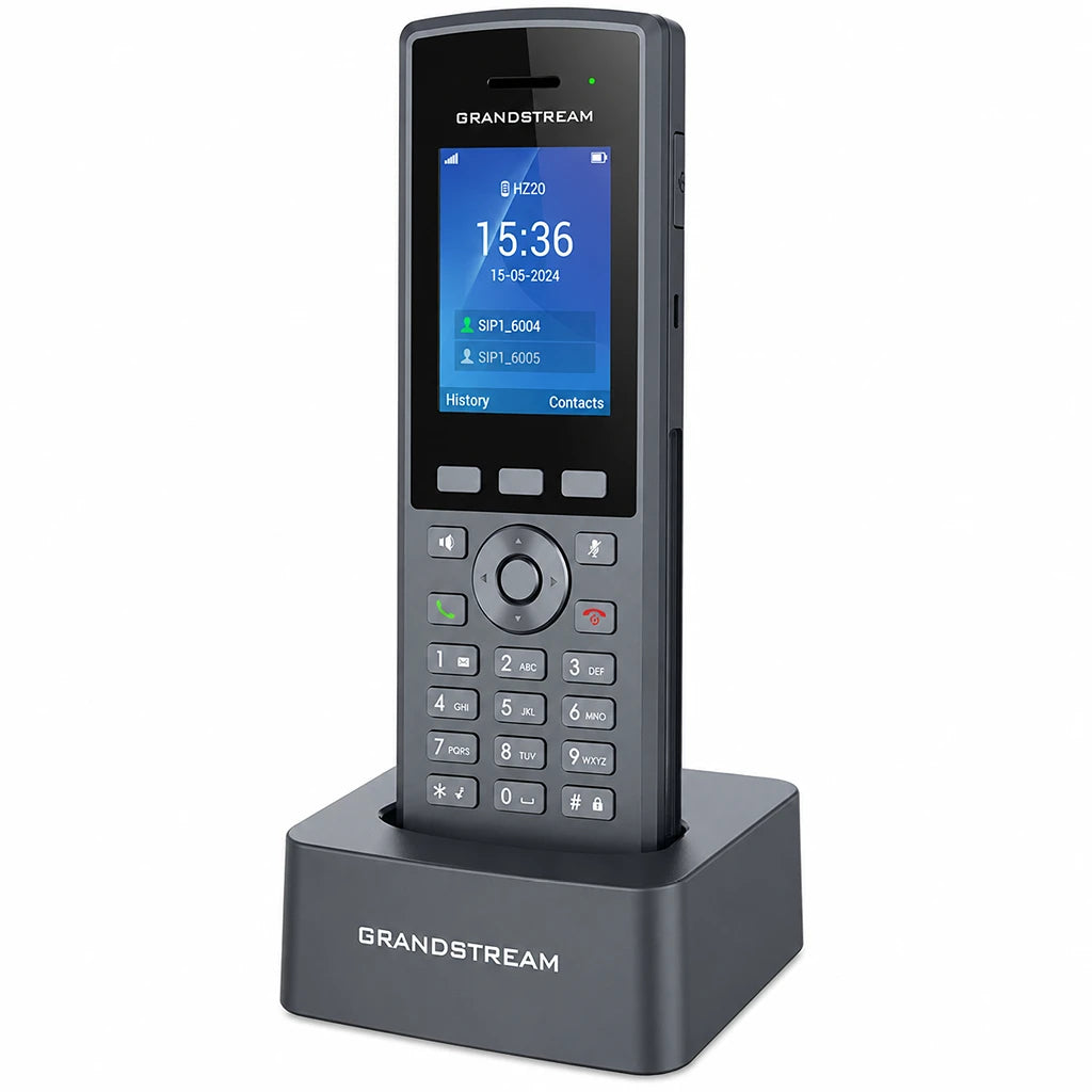 Grandstream DP735 Rugged DECT Cordless HD Handset right angled view with charging cradle for business VoIP communication -tpstech.in