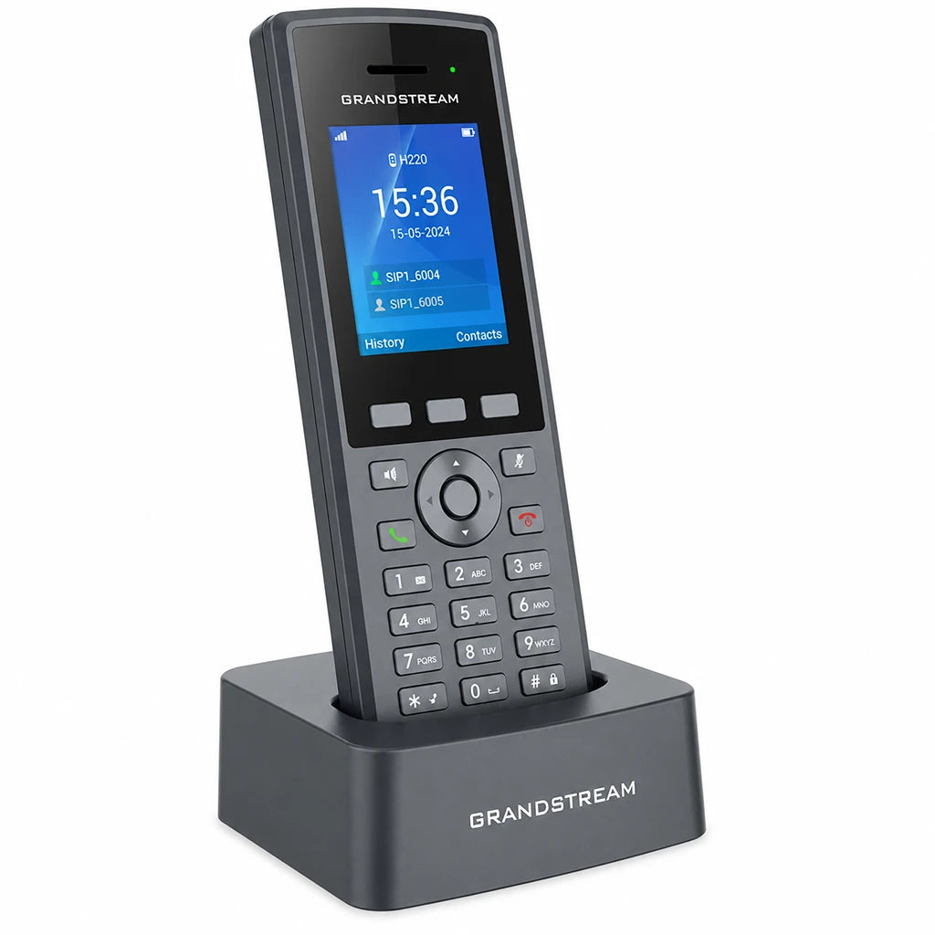 Grandstream DP735 Rugged DECT Cordless HD Handset with charging cradle front angled view compatible with DP750 DP752 DP755 base stations -tpstech.in