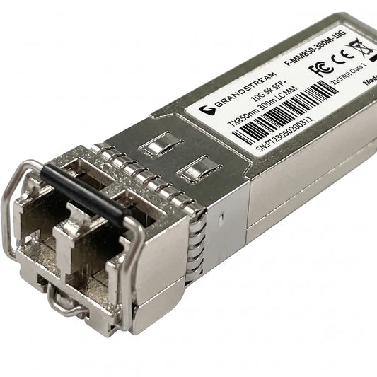 Grandstream F-MM850-300M-10G 10Gb SFP+ multi-mode fiber module with Duplex LC connector front angled view.
