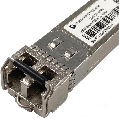 Close-up of the Duplex LC connector on the Grandstream F-MM850-300M-10G 10Gb SFP+ fiber module.