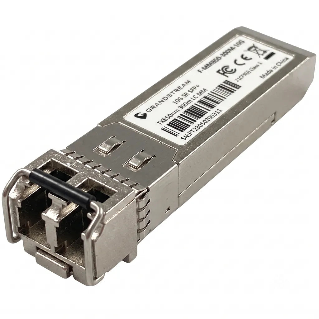 Grandstream F-MM850-300M-10G 10Gb SFP+ fiber transceiver with Duplex LC interface left front perspective.