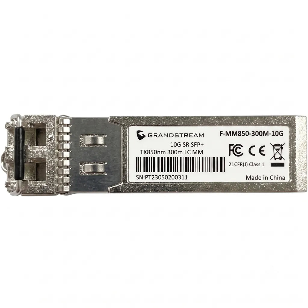 Top view of Grandstream F-MM850-300M-10G 10Gb SFP+ multi-mode fiber module with product label visible.