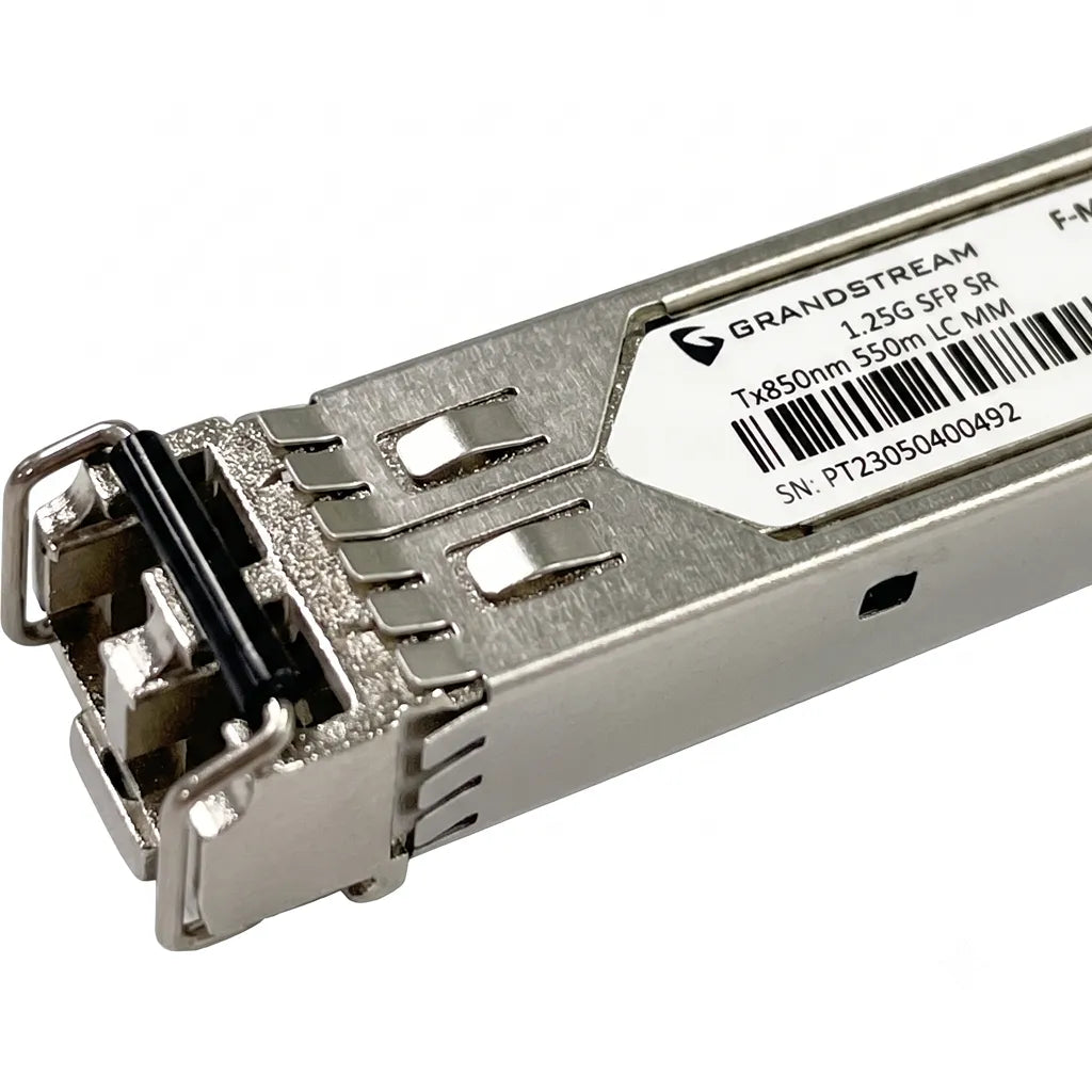 Close-up of the Duplex LC connector on the Grandstream F-MM850-550M-1.25G multi-mode SFP fiber module.
