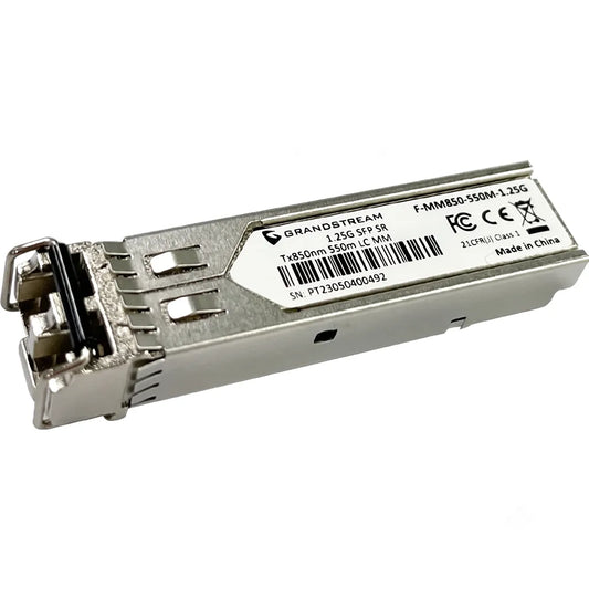Grandstream F-MM850-550M-1.25G 1.25Gbps multi-mode SFP fiber transceiver side angle for enterprise optical networking.