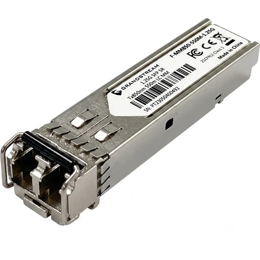 Grandstream F-MM850-550M-1.25G 1.25G multi-mode SFP fiber transceiver module front angled view with Duplex LC connector.