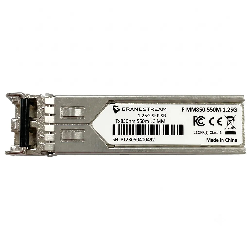 Top view of Grandstream F-MM850-550M-1.25G multi-mode SFP fiber transceiver showing product label and Duplex LC interface.