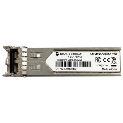 Top view of Grandstream F-MM850-550M-1.25G multi-mode SFP fiber transceiver showing product label and Duplex LC interface.