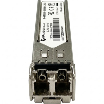 Front connector view of Grandstream F-MM850-550M-1.25G multi-mode SFP fiber transceiver with Duplex LC ports.