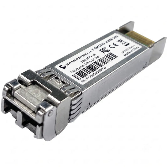 Grandstream F-SM1310-10KM-10G 10G SFP+ single-mode fiber module with Duplex LC connector shown in front angled view.