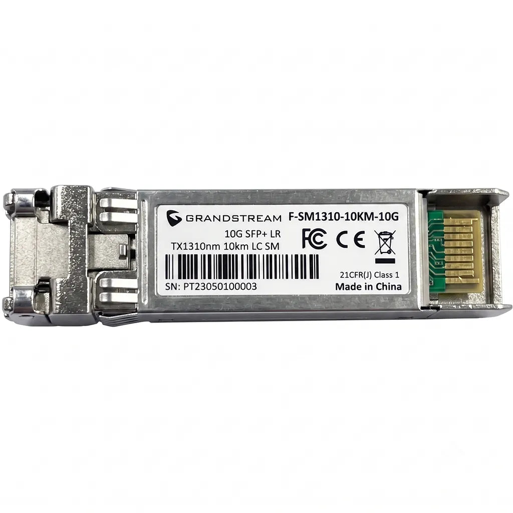 Top view of Grandstream F-SM1310-10KM-10G 10G SFP+ single-mode fiber transceiver with product label and LC interface.