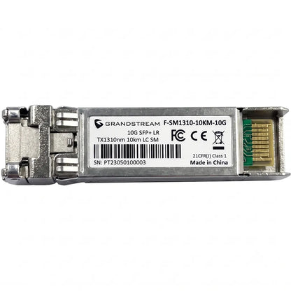 Top view of Grandstream F-SM1310-10KM-10G 10G SFP+ single-mode fiber transceiver with product label and LC interface.