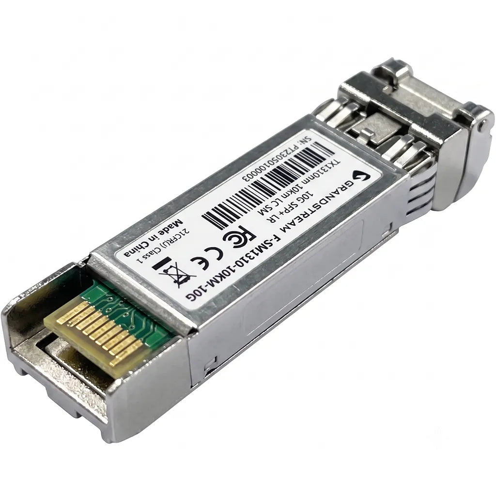 Rear angled view of Grandstream F-SM1310-10KM-10G SFP+ fiber module showing gold-plated edge connector.