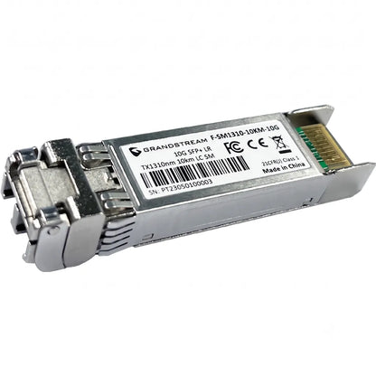 Side perspective view of Grandstream F-SM1310-10KM-10G 10G SFP+ single-mode fiber module with Duplex LC interface.