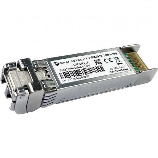 Side perspective view of Grandstream F-SM1310-10KM-10G 10G SFP+ single-mode fiber module with Duplex LC interface.
