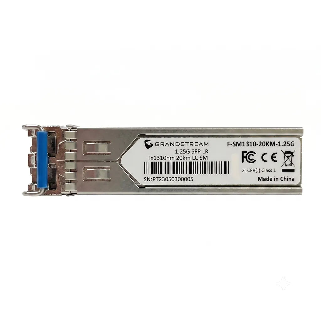 Grandstream F-SM1310-20KM-1.25G optical SFP transceiver module with 1310nm wavelength and 20km single-mode fiber support.