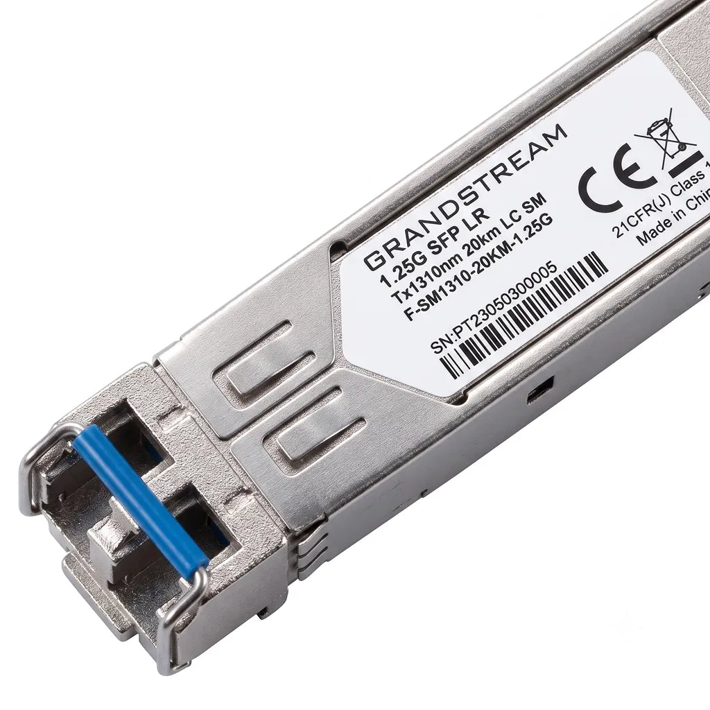 Angled view of Grandstream F-SM1310-20KM-1.25G 1.25Gbps single-mode SFP fiber module for Gigabit Ethernet networking.