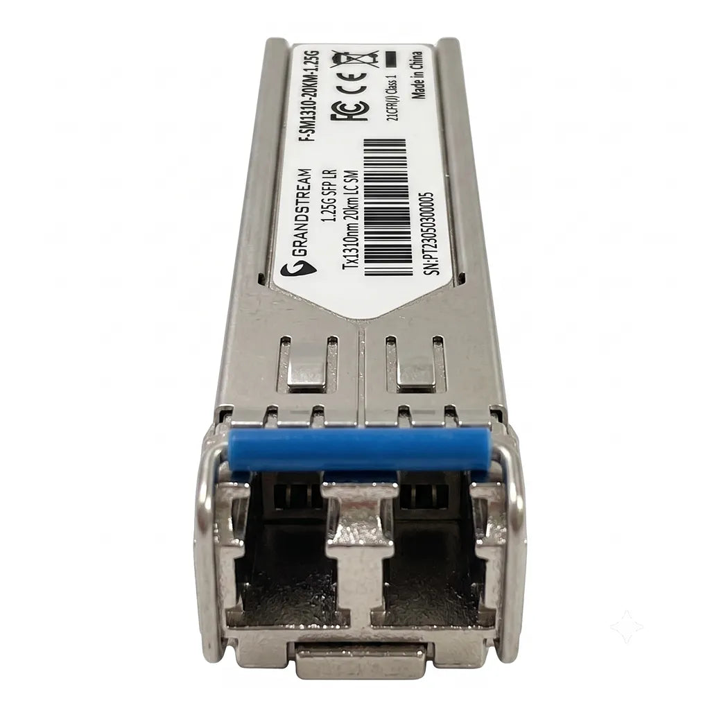 Front connector view of Grandstream F-SM1310-20KM-1.25G single-mode SFP transceiver with Duplex LC fiber interface.