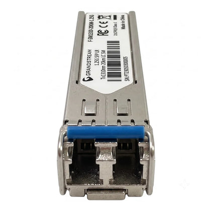 Front connector view of Grandstream F-SM1310-20KM-1.25G single-mode SFP transceiver with Duplex LC fiber interface.