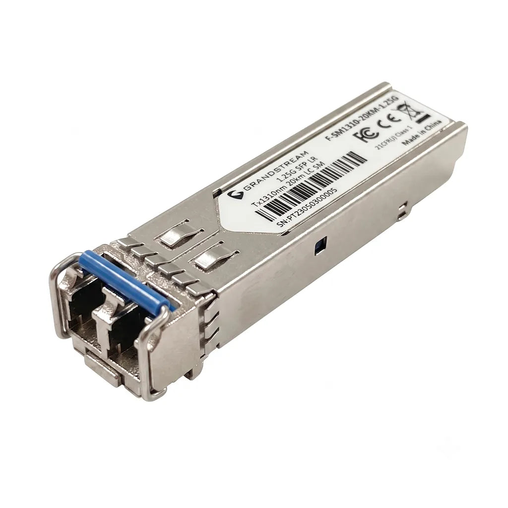 Perspective view of Grandstream F-SM1310-20KM-1.25G SFP fiber module featuring Duplex LC connector and hot-pluggable design.