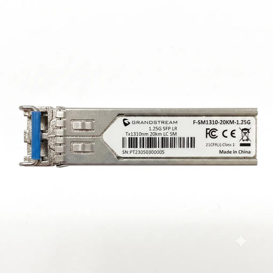 Grandstream F-SM1310-20KM-1.25G 1.25Gbps single-mode SFP fiber module front view with Duplex LC connector and 20km transmission support.