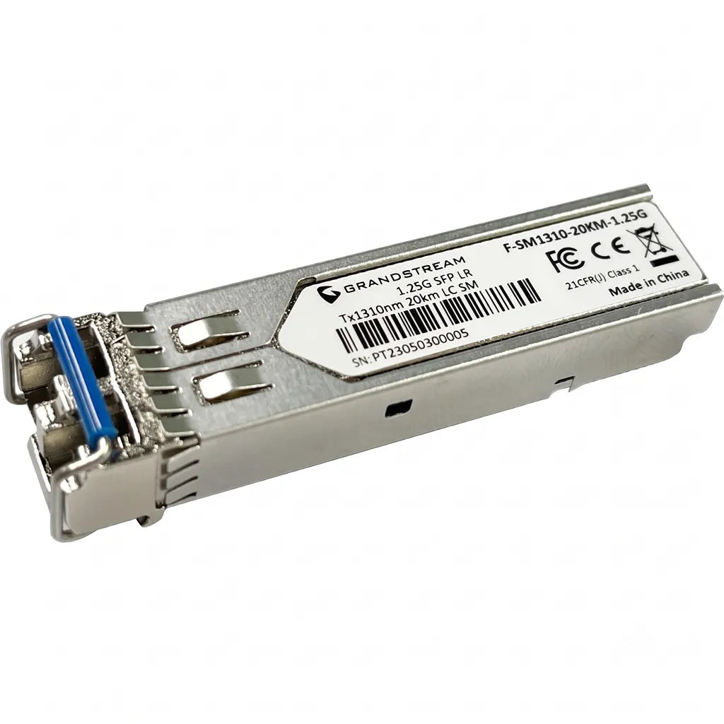 Side angle view of Grandstream F-SM1310-20KM-1.25G single-mode SFP fiber transceiver for long-distance Gigabit Ethernet connectivity.