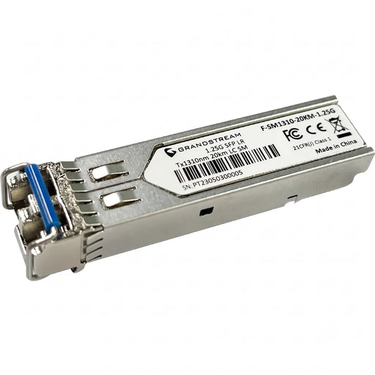 Side angle view of Grandstream F-SM1310-20KM-1.25G single-mode SFP fiber transceiver for long-distance Gigabit Ethernet connectivity.