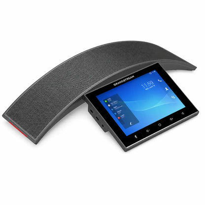Grandstream GAC2570 conference phone left angle view showing curved speaker design and touchscreen interface