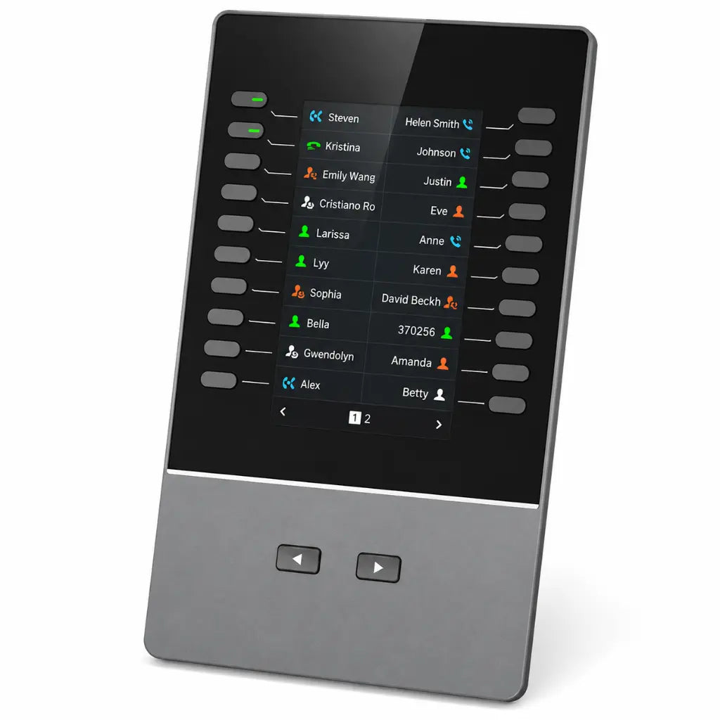 Angled view of the Grandstream GBX20 expansion module featuring a 4.3-inch TFT color display and programmable extension buttons for call management.