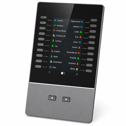 Angled view of the Grandstream GBX20 expansion module featuring a 4.3-inch TFT color display and programmable extension buttons for call management.