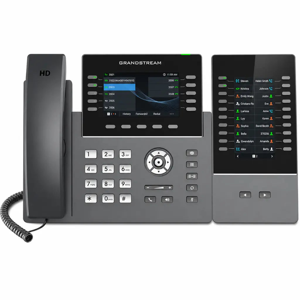 Front view of the Grandstream GBX20 expansion module attached to a compatible Grandstream IP phone, showing the color LCD display and programmable contact keys.