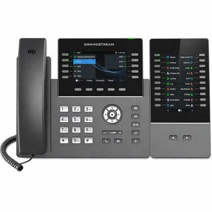 Front view of the Grandstream GBX20 expansion module attached to a compatible Grandstream IP phone, showing the color LCD display and programmable contact keys.
