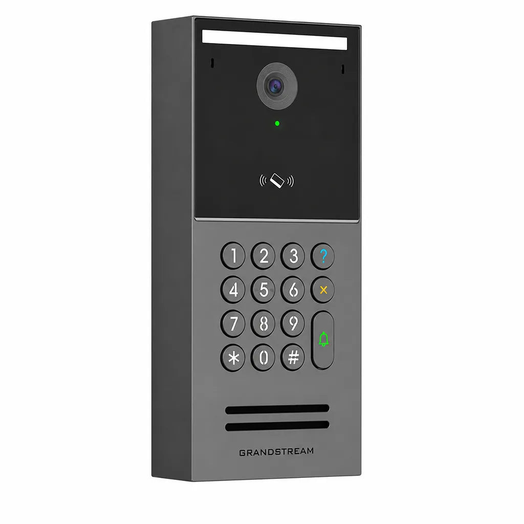 Left angled view of Grandstream GDS3725 outdoor IP video door station with keypad, NFC reader and HD camera.