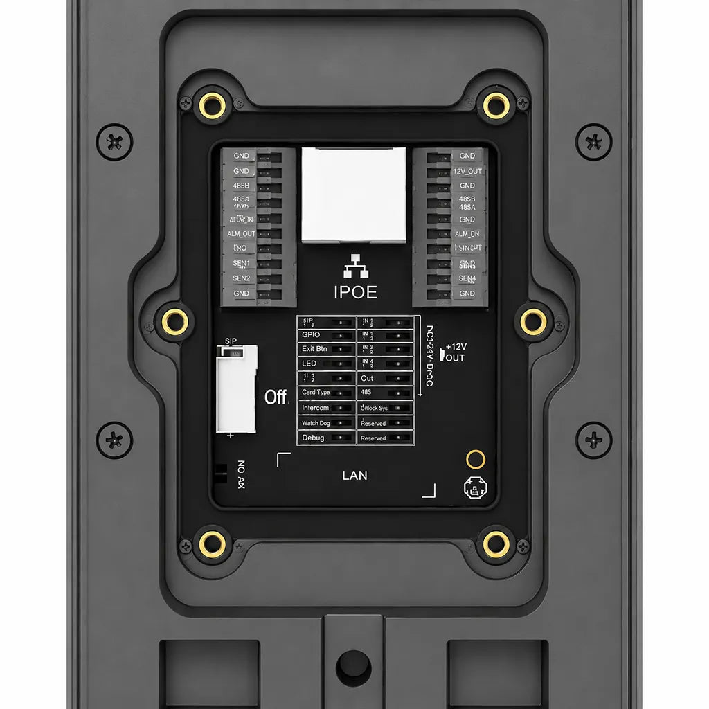 Close-up of Grandstream GDS3725 rear terminal block with PoE LAN interface, GPIO ports and power connections.