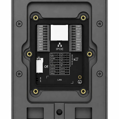 Close-up of Grandstream GDS3725 rear terminal block with PoE LAN interface, GPIO ports and power connections.