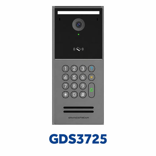 Grandstream GDS3725 Smart IP Video Door Station front view with 4MP camera, keypad, NFC reader and SIP access control.