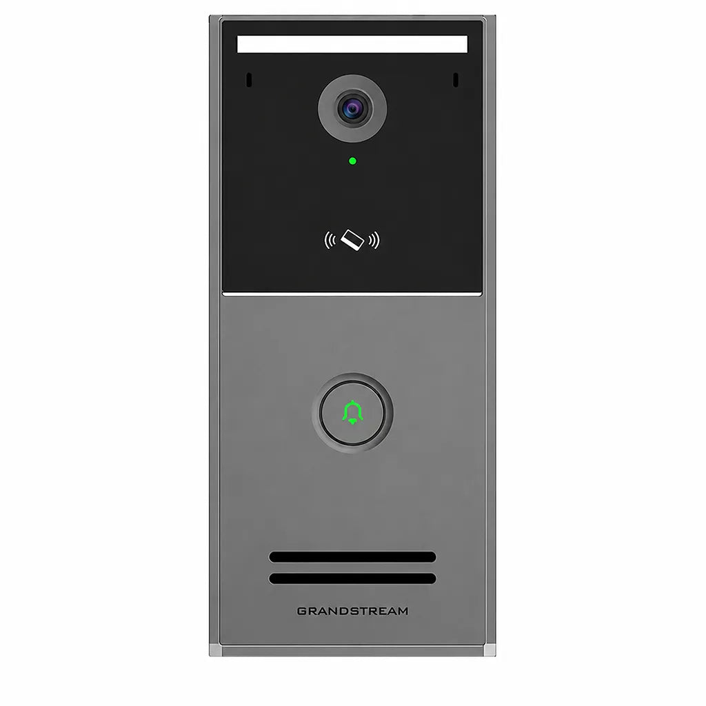 Front view of Grandstream GDS3726 Smart IP Video Door Station featuring 4MP camera, single button and built-in NFC card reader.