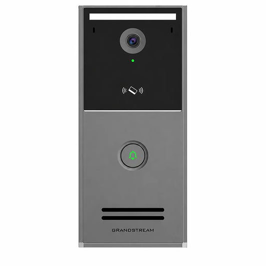 Front view of Grandstream GDS3726 Smart IP Video Door Station featuring 4MP camera, single button and built-in NFC card reader.