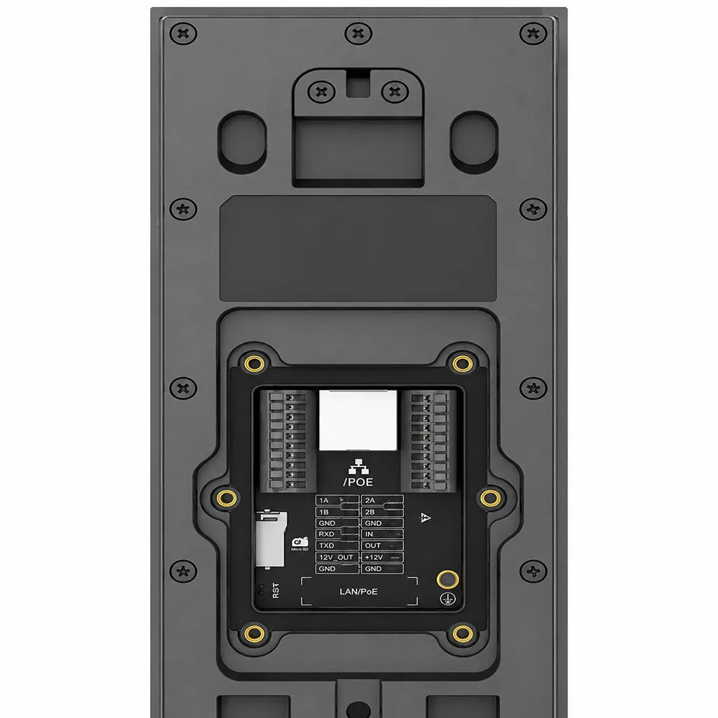 Back panel of Grandstream GDS3726 Smart IP Video Door Station with RJ45 PoE port, relay connections and mounting interface.
