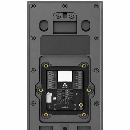 Back panel of Grandstream GDS3726 Smart IP Video Door Station with RJ45 PoE port, relay connections and mounting interface.