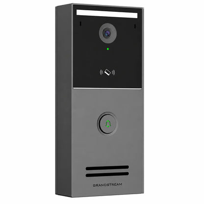 Left angle view of Grandstream GDS3726 Smart IP Video Door Station with weatherproof metal housing and single call button.