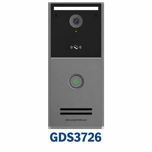 Grandstream GDS3726 Smart IP Video Door Station front view with 4MP HDR camera, single call button and NFC access reader.