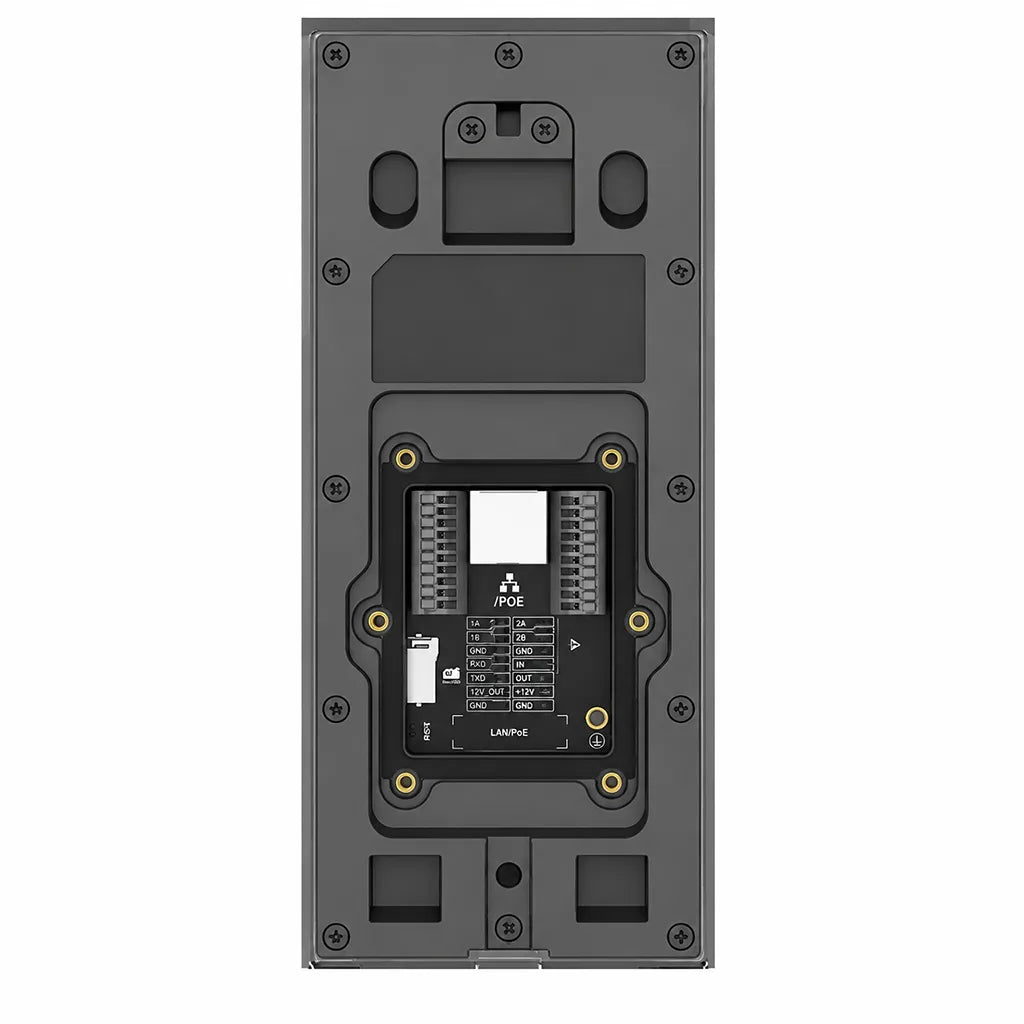 Rear view of Grandstream GDS3726 Smart IP Video Door Station showing PoE LAN port, relay terminals and installation interface.