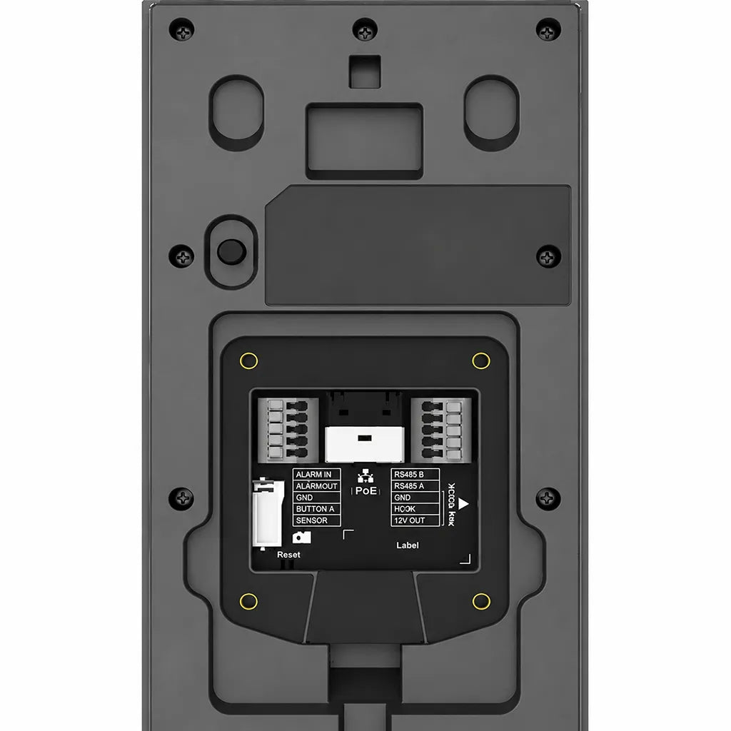 Close-up of the Grandstream GDS3727 rear connection panel with PoE, alarm input and output, RS485 and reset button.