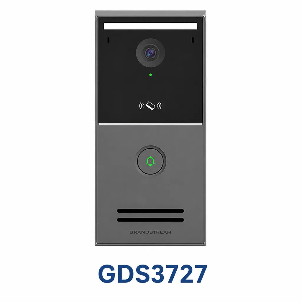 Grandstream GDS3727 Smart IP Video Door Station front view with 4MP HDR camera, NFC reader and call button.