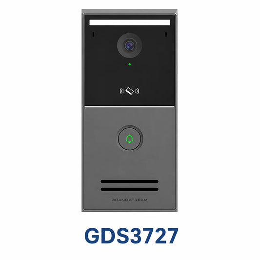 Grandstream GDS3727 Smart IP Video Door Station front view with 4MP HDR camera, NFC reader and call button.