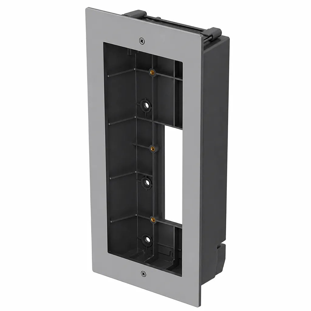Left angled view of Grandstream GDS372X flush-mounting box for professional in-wall installation of compatible IP video door stations.