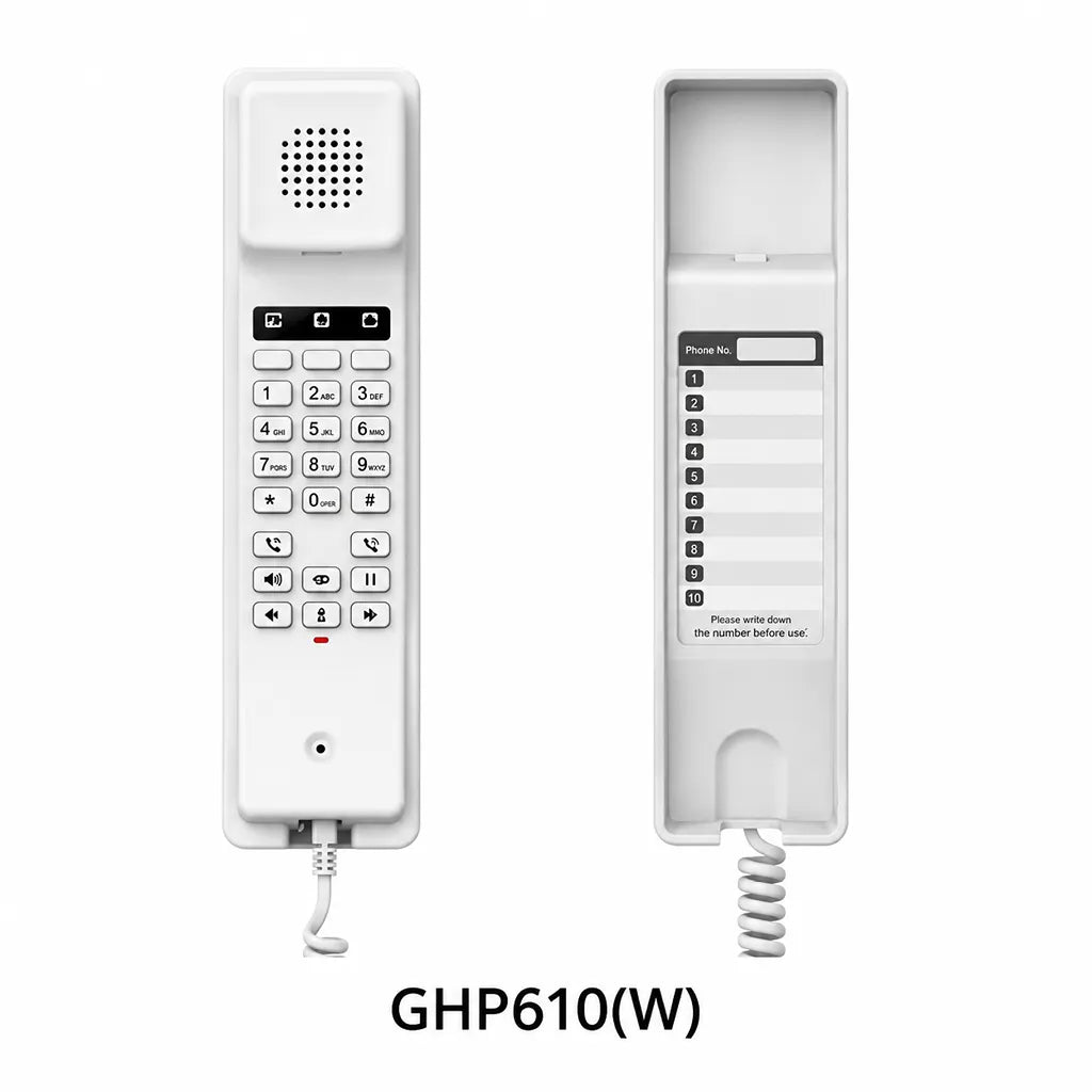 Grandstream GHP610W hospitality IP phone front and rear view showing keypad, handset cradle and speed dial label panel -tpstech.in