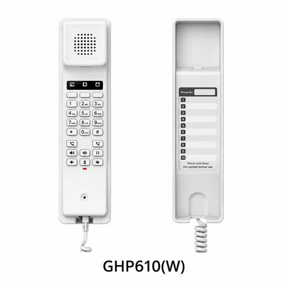 Grandstream GHP610W hospitality IP phone front and rear view showing keypad, handset cradle and speed dial label panel -tpstech.in