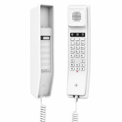 Grandstream GHP610W hotel IP phone showing handset, keypad and wall mount base with speed dial panel -tpstech.in