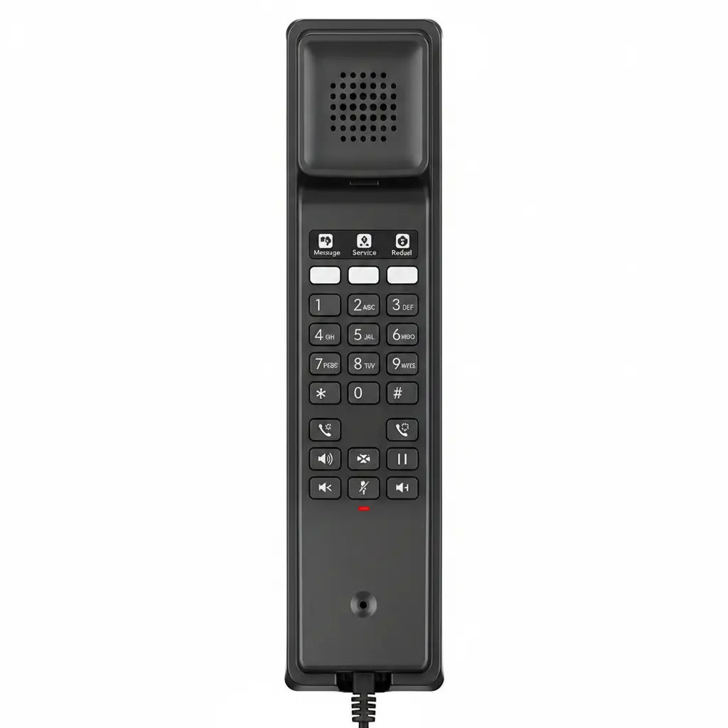 Front-facing close-up highlighting the dial buttons, speed dial labels, and LED indicator.